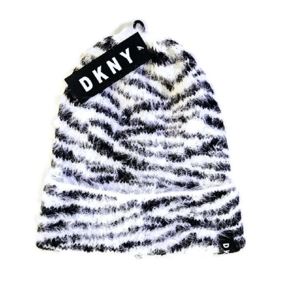 Dkny Accessories - DKNY Fuzzy Animal Print Beanie White/Black (444)